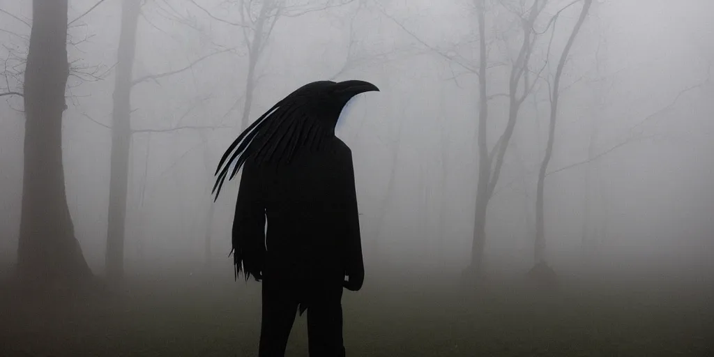 Image similar to a man with a raven head standing in the mist, fog, scary