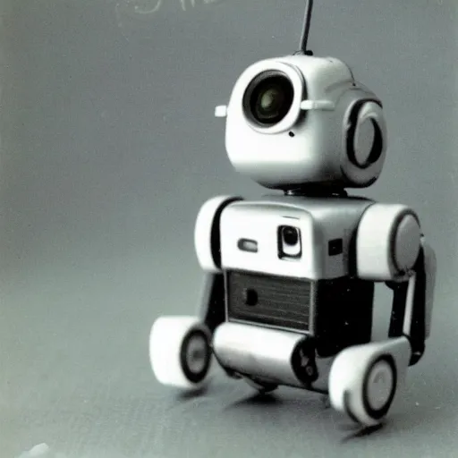 Prompt: 1 9 5 0 s polaroid photo of a miniature robot, cute, high quality, 1 9 5 0 s, polaroid, old