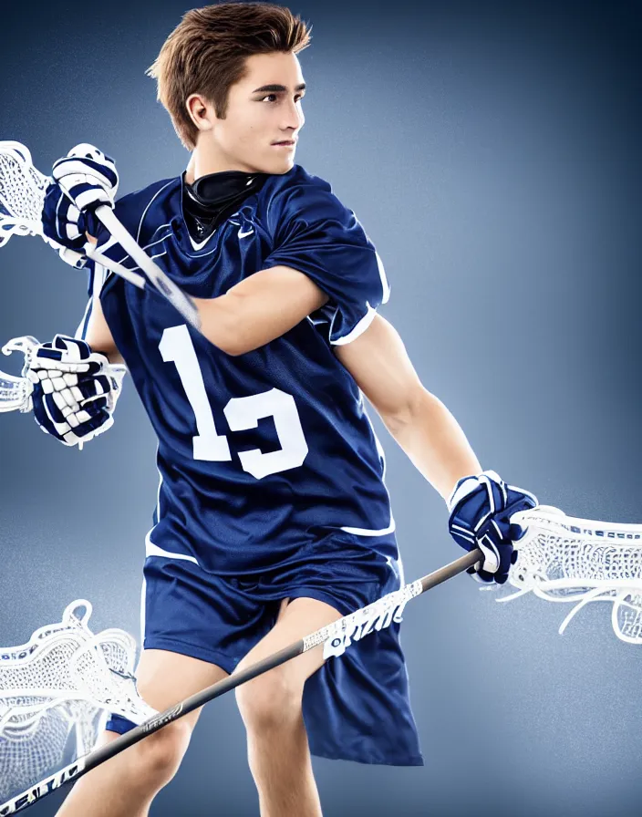 Image similar to closeup portrait of very beautiful cute male lacrosse player in a penn state stadium, glamour pose, particle effects, backlit, highly detailed, soft ambient lighting, sharp focus, rule of thirds, artgerm, wlop, arney freytag, rossdraws, frank frazetta, andrei riabovitchev, hd, octane, 4 k