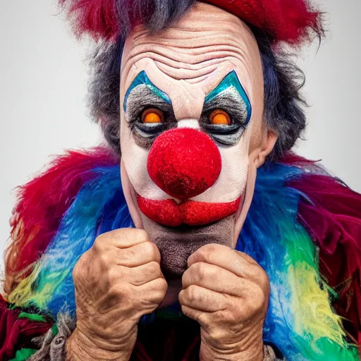Prompt: an very old clown with a big nose of an alcoholic, happy look, studio photograph, soft lighting