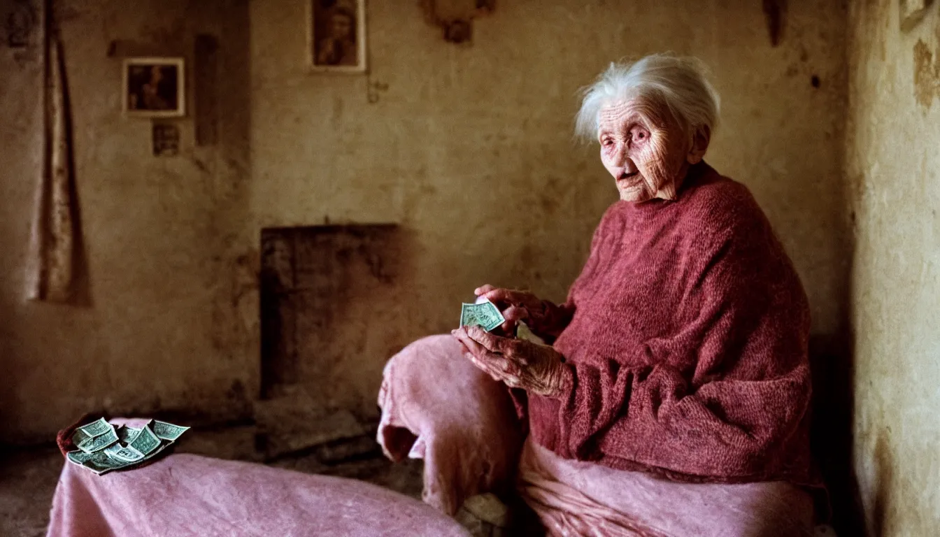 Prompt: in a frozen old living room a close up portrait of a solitary old underweight lady is cold, burning money floats in the air, hyper realistic photo, full colour, kodak porta 4 0 0, upscale, 8 k, masterpiece,