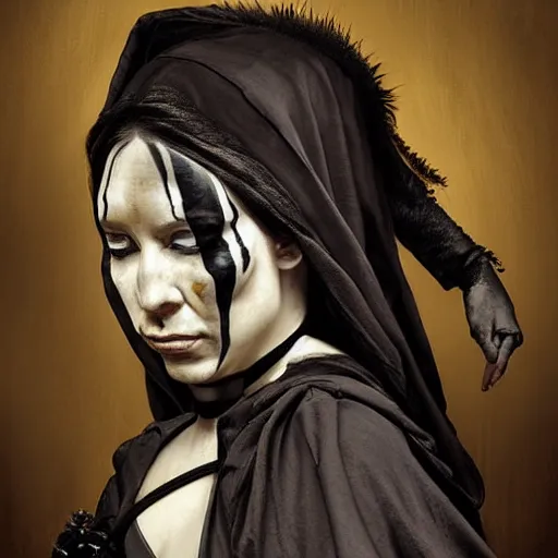 Prompt: portrait of a Shibari rope wrapped face and neck, headshot, insanely nice professional hair style, dramatic hair color, face paint half and half, digital painting, of a old 17th century Black Nun, amber jewels, baroque, ornate clothing, scifi, realistic, hyperdetailed, chiaroscuro, concept art, art by Franz Hals and Jon Foster and Ayami Kojima and Amano and Karol Bak,