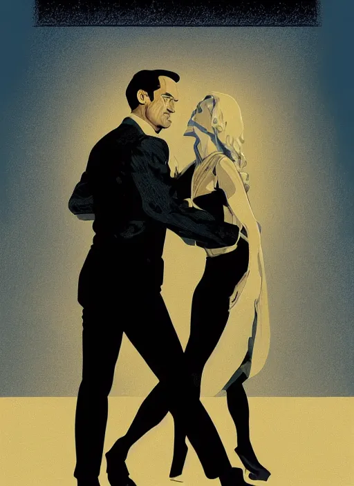 Image similar to poster artwork by Michael Whelan and Tomer Hanuka, Karol Bak of Naomi Watts & Jon Hamm husband & wife portrait, in the pose of Theory of Everything poster, from scene from Twin Peaks, clean, simple illustration, nostalgic, domestic, full of details