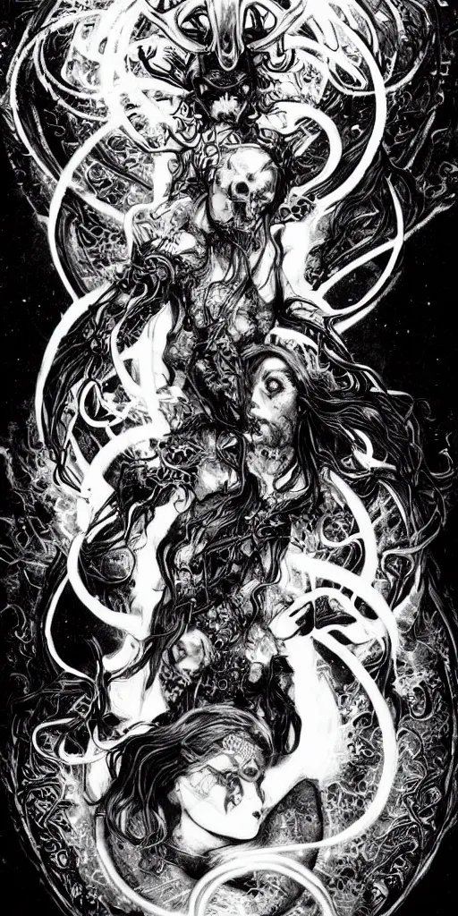 Prompt: intense glowing pagan black metal god with horns and tentacles and intense glowing eyes and a mossy skull in very dark cosmic space by karol bak and artgerm and alphonse mucha, portrait, fantasy, clear, light beams, lens flare, intense, uhd, amazing depth, cinematic lighting, red and black and white