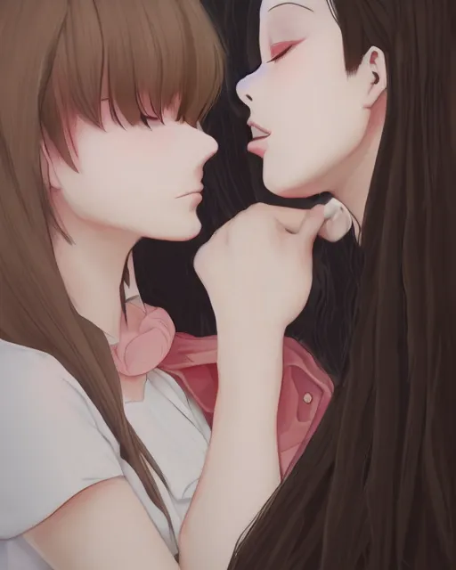 Image similar to portrait of a girl kissing another girl on the neck, anime, trending on Artstation