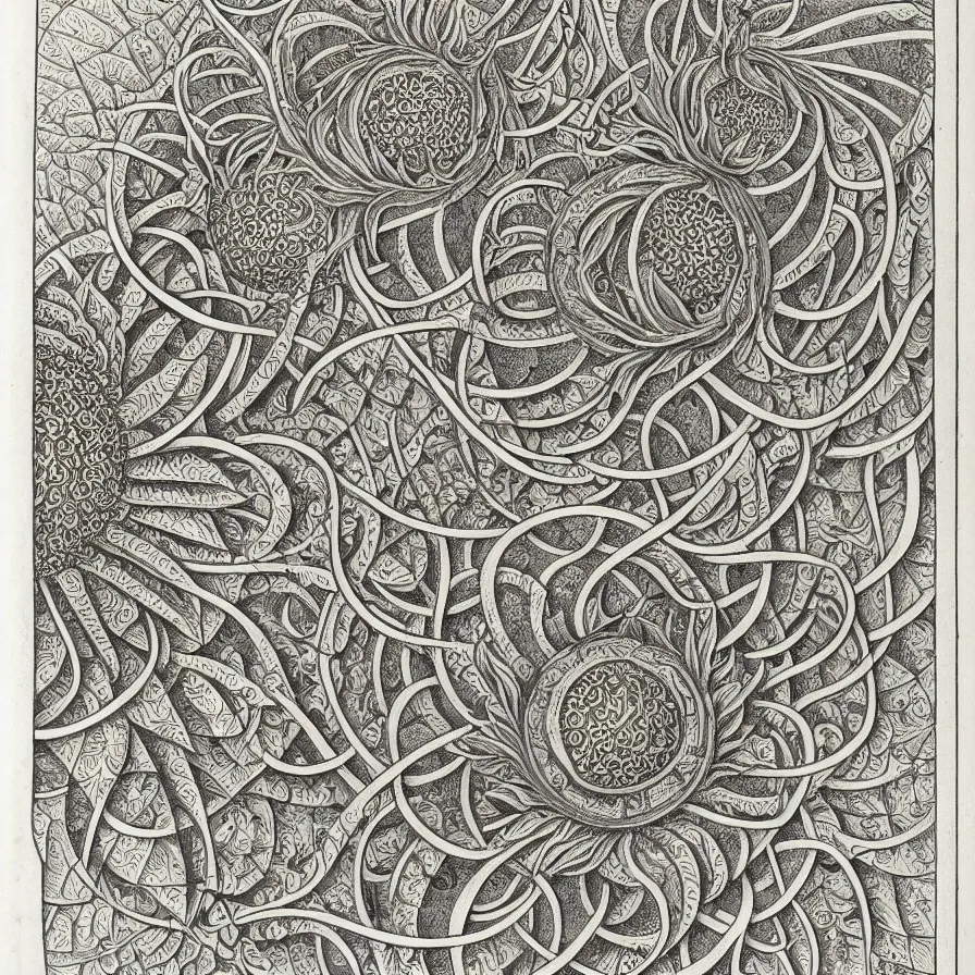 Image similar to an ornate illustration in the styles of mandalas and fractals, the styles of escher and penrose, depicting sunflowers and vines.