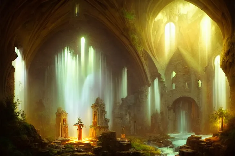 Prompt: Detailed Interior of Monastery Ruins, Waterfall walls, light of god, light shafts, candles, stunning atmosphere, in Style of Peter Mohrbacher, cinematic lighting, masterpiece
