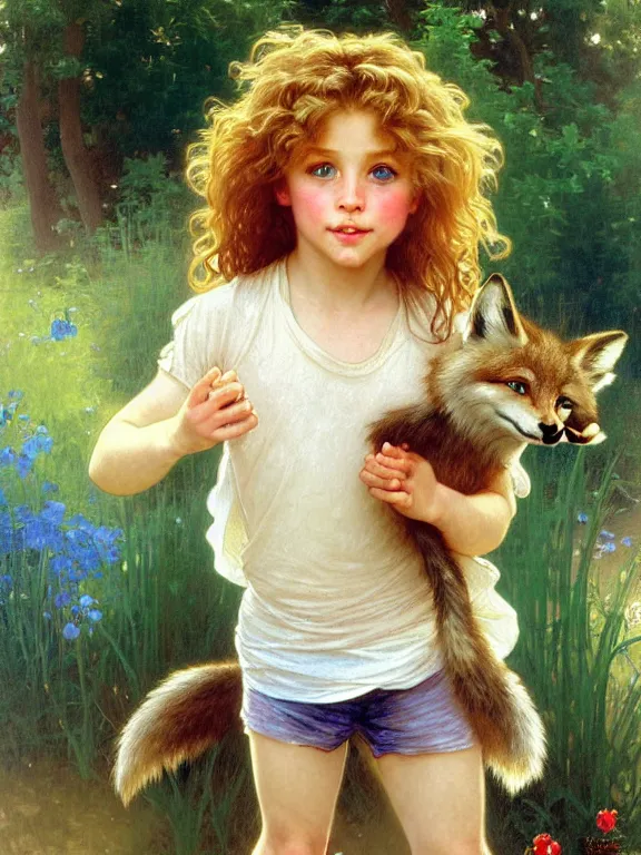 Image similar to a seven - year old with long curly dirty blonde hair, blue eyes, tan skin, a tee shirt and shorts, playing with foxes, painting by daniel gerhartz, alphonse mucha, bouguereau, detailed art, accurate facial details, freckled face, artstation