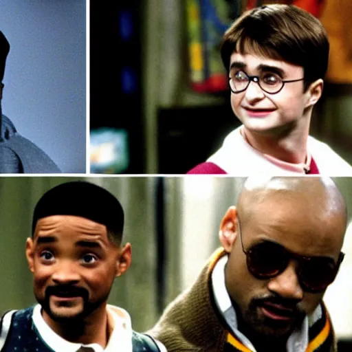 Image similar to Daniel Radcliffe as Harry Potter next to Will Smith in Fresh Prince of Bell Air