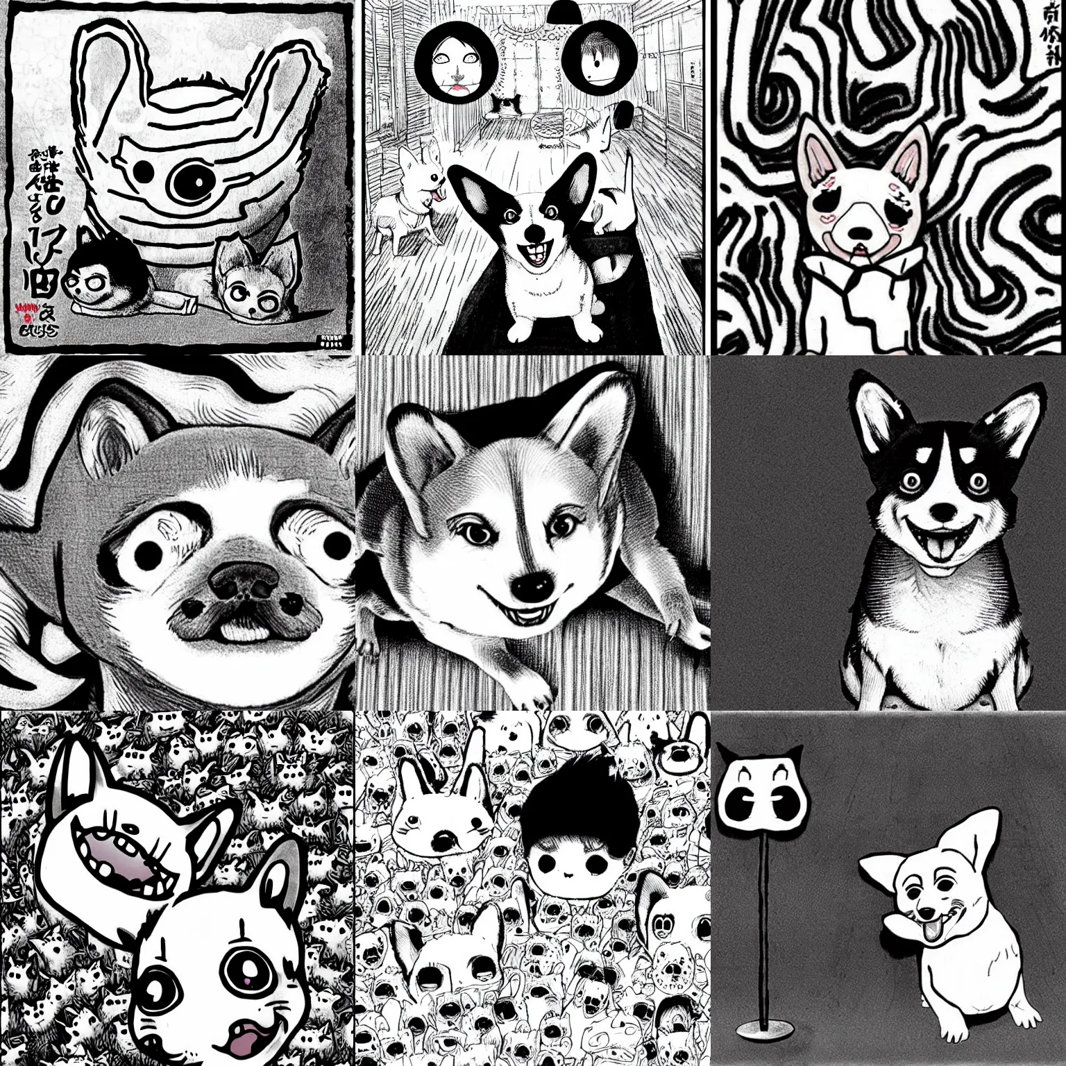 Prompt: junji ito corgi, cute, black and white, japanese horror