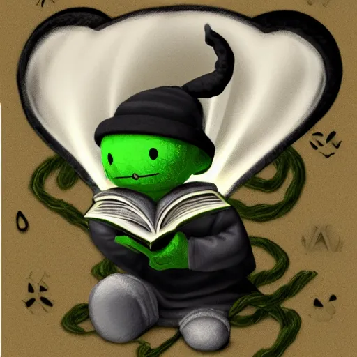 Image similar to cute fumo plush of a boy holding a book of forbidden spellcasting, eerie glow, black and white, green lighting and shadow, tendrils, vray