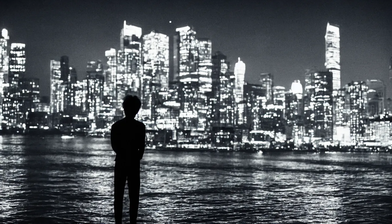 Image similar to 80s asian neon movie still with a lone man on a pier overlooking the river at night with city lights behind his back. Fallen angels movie still. hyperrealistic, high definition, medium format photography, highly detailed, tehnicolor, anamorphic 50mm lens