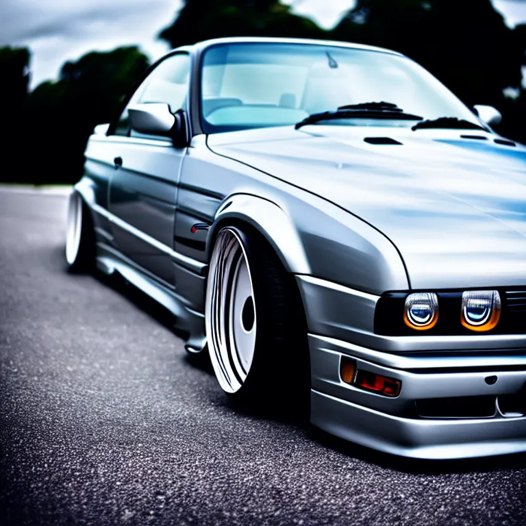 Prompt: close-up-photo BMW E36 illegal meet, cambered wheels, Saitama prefecture, misty midnight, cinematic color, photorealistic, high detailed wheels, highly detailed, custom headlights