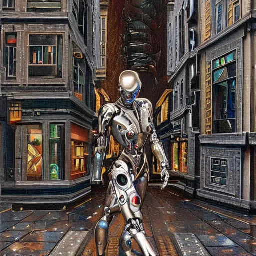 Image similar to humanoid cyborg sci - fi liquid man walks through the center of a city, extremely detailed oil painting, 1 9 2 0's colored pencil, highly detailed, highly accurate, deep aesthetic, 8 k, highly ornate intricate details, cinematic lighting, rich colors, beautiful scenic view, ray tracing, hyperrealistic, photorealistic, cinematic landscape, trending on artstation, concept art,