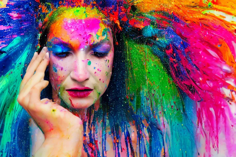 Image similar to a highly detailed cinematic headshot portrait photograph of a woman with a liquid paint headdress, with rainbow paint splash, melting smoothly into other faces, liquid, ultra realistic, beautiful rim lighting, by richard avedon and annie leibovitz and arnold newman, photorealistic, hyperrealistic, octane, high speed camera, zeiss lens, sharp focus, paint splash