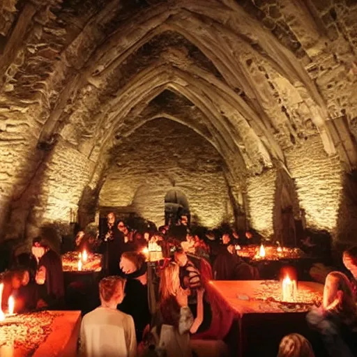 Image similar to feast for hundreds of people. candles, warm ambient light, hogwarts, beautiful, stone walls, hot food, delicious, steaming food on plates, gluttony, digital art, epic. candlelight, firelight, happiness and joy, ghosts flying around, harry potter students, warmth