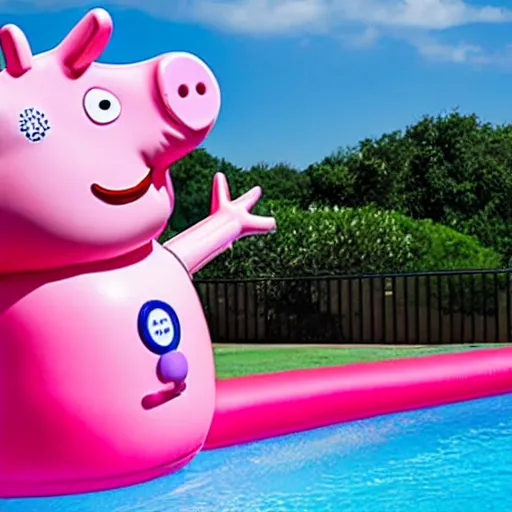 Image similar to a large inflatable float of Peppa Pig in a luxury hotel swimming pool