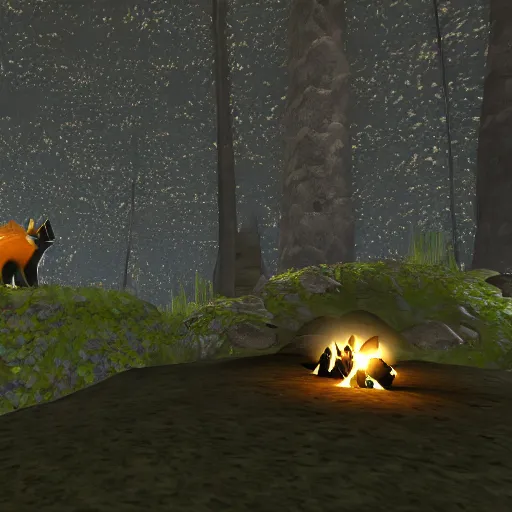 Image similar to second life in game screenshot of two black foxes sleeping next to each other in a cozy cave with a small campfire, cave lit up with fireflies and bioluminescent mushrooms, 4 k