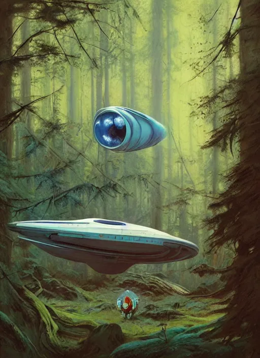 Image similar to hyper realistic spaceship in the woods by a river gorgeous lighting, lush forest foliage blue sky a hyper realistic painting by chiara bautista and beksinski and norman rockwell and greg rutkowski, weta studio, and lucasfilm