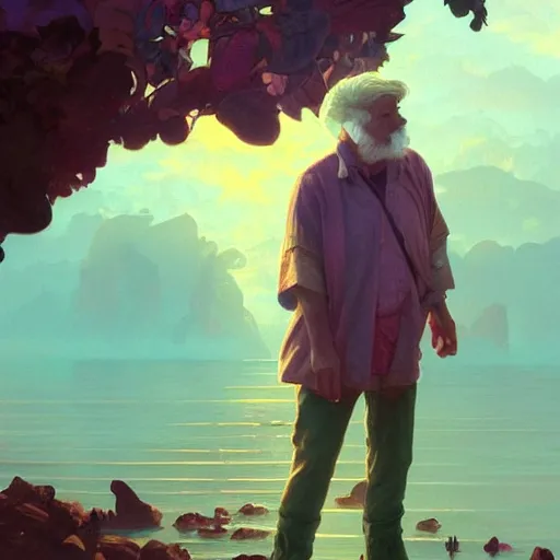 Prompt: an old male poet with a VR headset, golden light, purple water, highly detailed, digital painting, artstation, concept art, smooth, sharp focus, illustration, art by artgerm and greg rutkowski and alphonse mucha