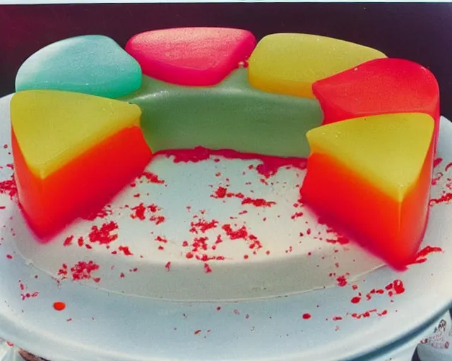 Prompt: 1970's cookbook color photograph of jello cake ambrosia detail high detail