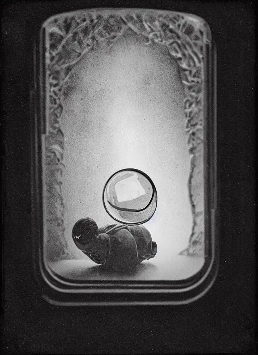 Image similar to old wetplate daguerreotype birth of artificial futuristic embryo cyborg life shot in the reflection of window, fractal, intricate, elegant, highly detailed, parallax, leica, medium format, subsurface scattering, by jheronimus bosch and greg rutkowski and louis jacques mande daguerre