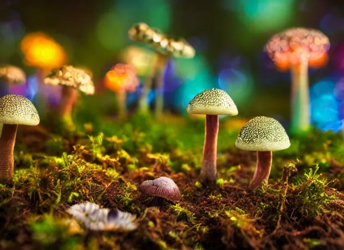 Image similar to a fantasy forest on an alien planet with delicate flowers and mushrooms that glow in the dusk, macro close up, f32, bokeh,