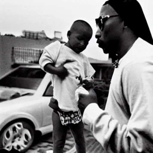 Prompt: photo of 2 pac taking care of my white baby.