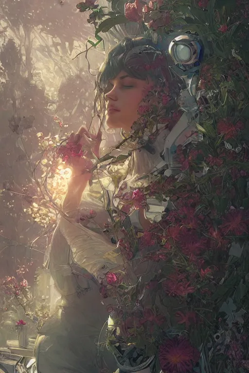 Prompt: ultra realistic, robot broken woman lying flower garden, cyberpunk, sci - fi, fantasy, intricate, elegant, highly detailed, digital painting, artstation, concept art, smooth, sharp focus, illustration, art by artgerm and greg rutkowski and alphonse mucha