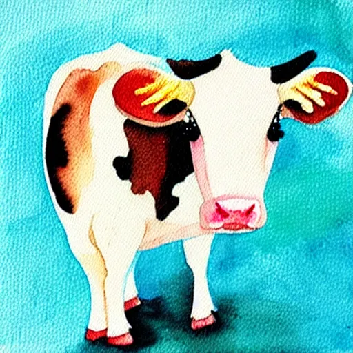 Prompt: tiny miniature small cow in glass cocktail drink | watercolour painting | featured artstation | impressionist