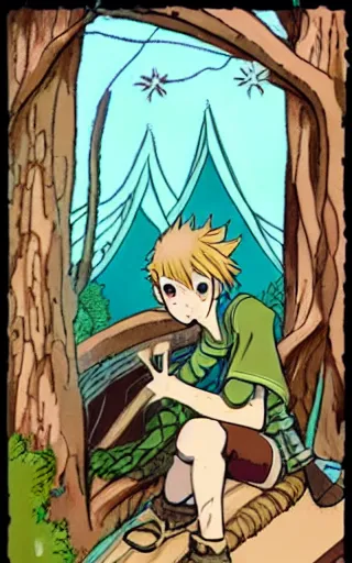 Image similar to an wood elf boy getting ready for an high fantasy adventure on the mountain side, anime style, tarot card, Tarot card the fool