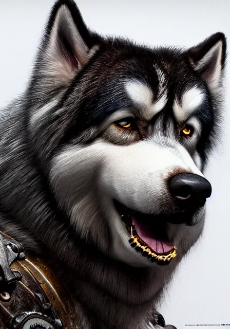 Image similar to hyper realistic ultra - detailed portrait of alaskan malamute face, wearing steampunk hat with goggles and gears, upper body, detective coat, sharp focus, illustration, fantasy style, octane render, concept art, smooth, volumetric lighting, 8 k high definition, intricate, wide shot, by greg rutkowski, highly detailed, trending on art station