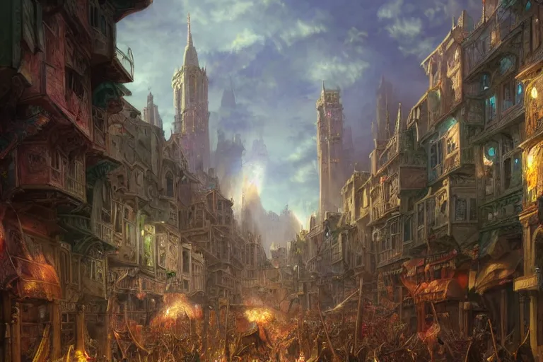 Image similar to an intricate colorful matte painting of An epic stronghold crusader screenshot of bustling city street with festival going on, on the back of a gigantic triceratops, highly detailed iridescent dimly lit exterior with shafts of iridescent light bouncing off magical realms, by Christophe Vacher and Bastien Lecouffe-Deharme, trending on artstation