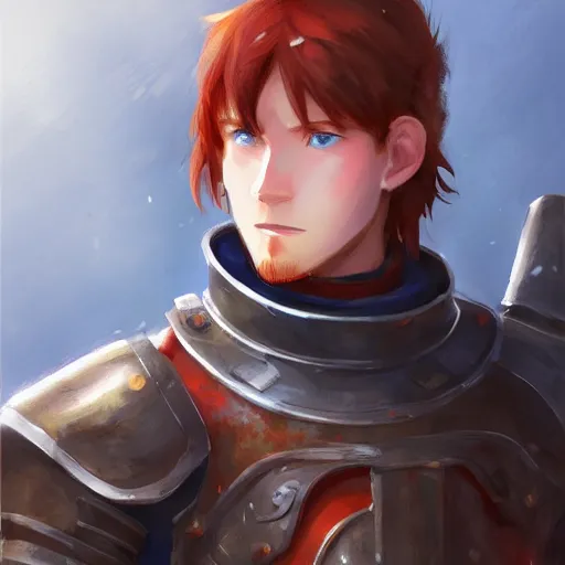 Prompt: portrait of a young redheaded man with blue eyes and wearing a armor, medieval background, highly detailed, digital painting, artstation, matte, by makoto shinkai, animation style, studio ghibli, anime key visual