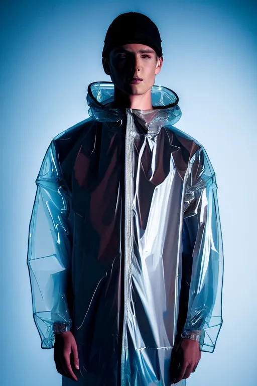 Image similar to an ultra high definition professional high fashion portrait studio full length photograph of a male model wearing a transparent pearlescent raincoat and neon visor in an icelandic black rock environment at dawn. no artefacts. extremely detailed. stark. refraction. shallow depth of field. volumetric light and shadow. ray tracing. light rays.