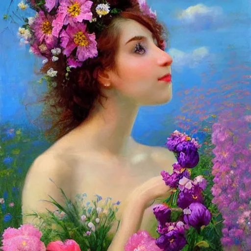 Image similar to a portrait of a romantic woman with flowers grow out of hair, roses peonies forget-me-nots dahlias lupins gladioli, sky theme in background, by Alexandr Averin, Digital Art, Trending on artstation