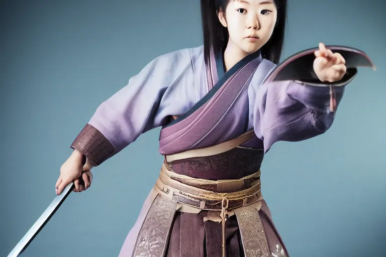 Image similar to beautiful photo of a young female samurai, practising sword stances, symmetrical face, beautiful eyes, huge oversized anime style sword, highly detailed, 8 k, award winning photo, muted pastels, action photography, 1 / 1 2 5 shutter speed, dramatic lighting