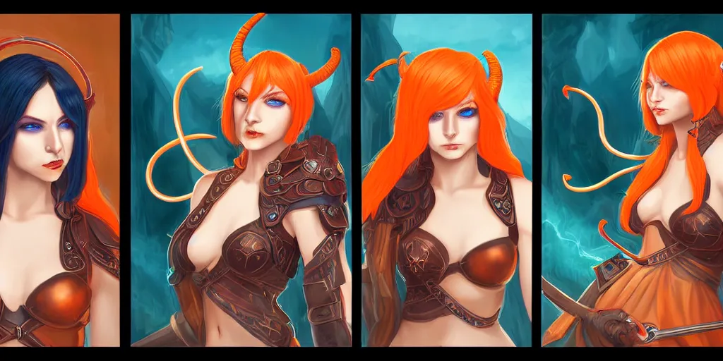 Prompt: triptych of youthful female feminine horned tiefling female bard with long bob cut blue hairstyle, her skin is orange and pale, she has immaculate skin and her eyes are pure black orbs and she is wearing colorful leather armor by rossdraws,