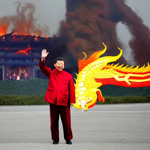 Image similar to Chinese president in epic stance fighting with dragon on flaming mountain, bananas weapon, painting, epic