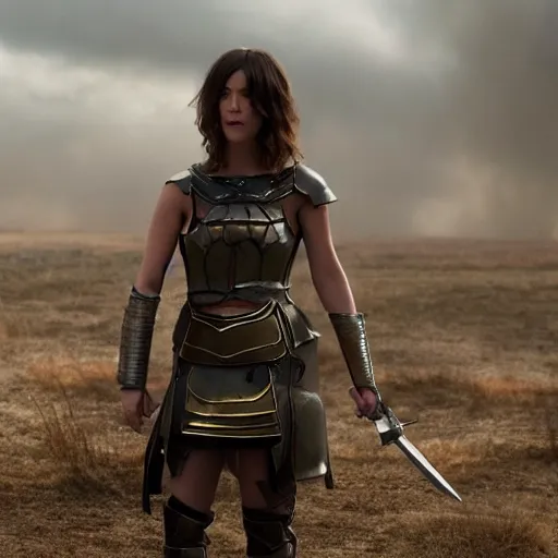 Image similar to mary elizabeth winstead as a warrior in a scifi battlefield