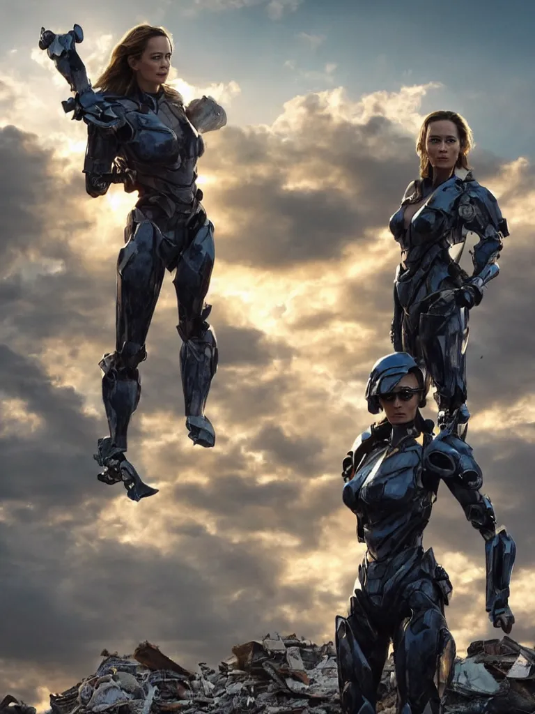 Image similar to emily blunt in futuristic power armor, by herself, holding a sword, standing atop a pile of rubble, sunset and big clouds behind her