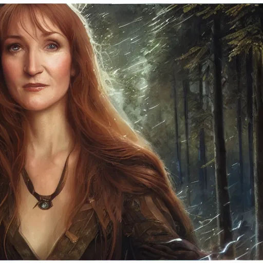 Image similar to closeup portrait of a young jane seymour as a wizard casting magic, forest background, megacity, high fantasy, dramatic light, gorgeous view, depth, high detail, digital art, painted by greg rutkowski, trending on artstation