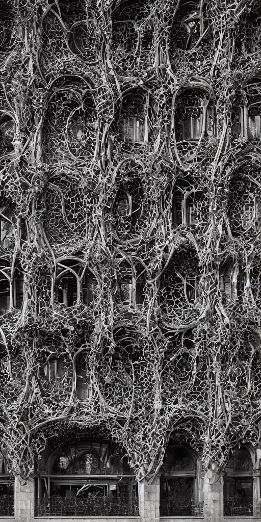 Image similar to a professional photograph of a very beautiful beautiful modern building by Louis Sullivan and H.R. Giger covered in black ironwork vines, Chiaroscuro, layers of colorful reflections, rusticated stone base, rusticated stone base, rusticated stone base, a dramatic sky, crowds of people climb the building, a dramatic sky, crowds of people , Sigma 75mm, ornate, very detailed, Symmetrical composition, centered, intricate, panoramic, Dynamic Range, HDR, chromatic aberration, Orton effect, 8k, photo by Marc Adamus, painting by Jeremy Mann, cinematic, vignette, vignette tilt-shift, bokeh , artstation