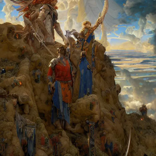 Image similar to disasterpiece Peloponnese war Gods watching above, by Edgar Maxence and Ross Tran and Michael Whelan and baroque gothic medieval oil painting, intricate line drawings, by Edgar Maxence and Ross Tran and Michael Whelan, 4k resolution