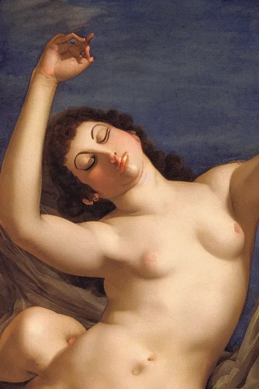 Prompt: thin woman with shiny skin lying on the grass dressed in roman clothes, ultra detailed, art by Guido Reni style