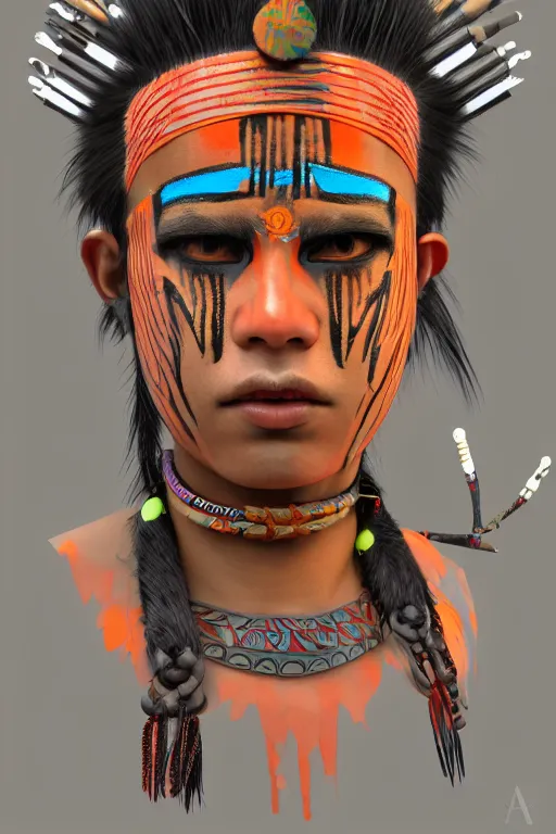 Image similar to a young tribal warrior with warpaint and neon ornamental markings in neotokyo by artist katsuhiro otomo, cinematic lighting, trending on artstation, 8 k,