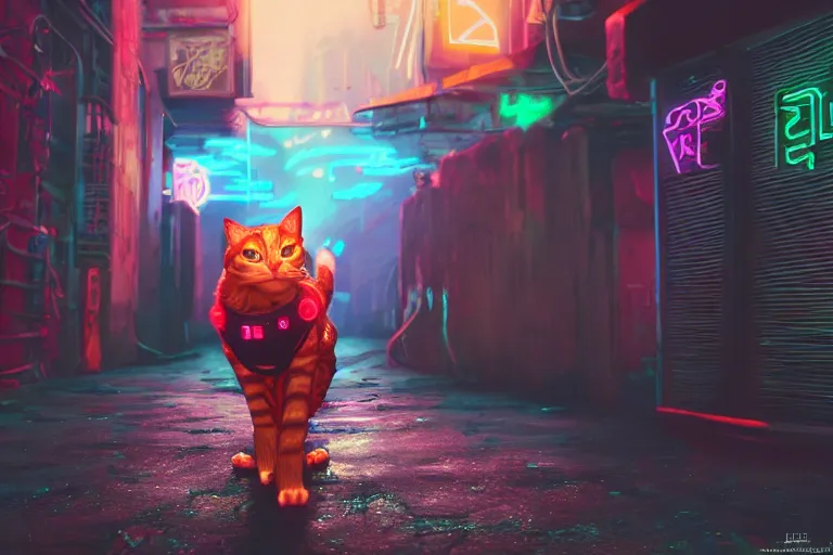 Image similar to cyberpunk ginger cat in the alley, neon lighting, rendered in unreal engine, trending on artstation