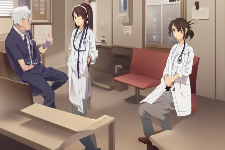 Image similar to a cute young female doctor wearing white coat are talking with an old surgeon in a hospital, slice of life anime, lighting, anime scenery by Makoto shinkai