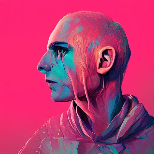 Image similar to Hyperdetailed psychedelic horror fantasy portrait of a vampire by Beeple, vivid color, hip hop album cover,