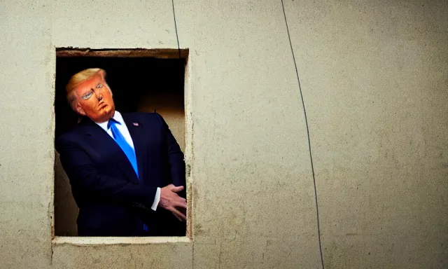 Image similar to full shot of donald trump wearing an orange jump suit, crying in a dirty jail cell in guantanamo, photograph, realistic, dramatic lighting